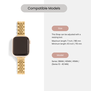 Gold watch strap with compatibility information on a white background