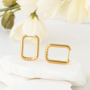 18K Gold PVD Stainless Steel Rounded Rectangle Huggie Earrings- gold studio 