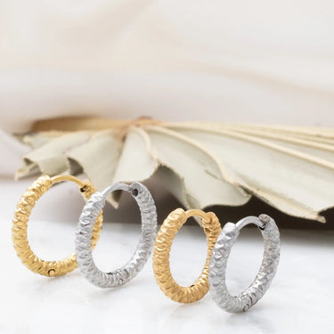 18K Gold PVD Stainless Steel Textured Huggie Hoop Earrings - gold and silver studio scale shot 