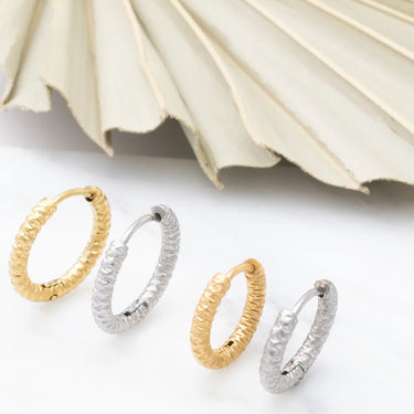 18K Gold PVD Stainless Steel Textured Huggie Hoop Earrings - gold and silver studio scale shot 