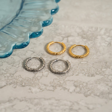 Gold and Silver / 18K Gold PVD Stainless Steel Textured Huggie Hoop Earrings / ERJ0025