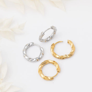 18K Gold PVD Stainless Steel Textured Twisted Huggie Hoop Earrings-gold and silver studio 