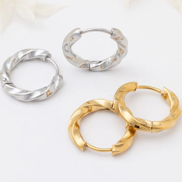 18K Gold PVD Stainless Steel Textured Twisted Huggie Hoop Earrings-gold and silver studio 