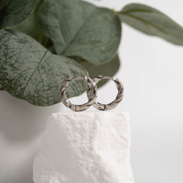 18K Gold PVD Stainless Steel Textured Twisted Huggie Hoop Earrings