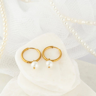 18K Gold PVD Stainless Steel Pearl Charm Huggie Hoop Earrings- gold studio 