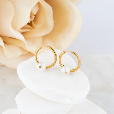 18K Gold PVD Stainless Steel Pearl Charm Huggie Hoop Earrings- gold studio 