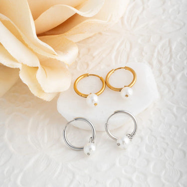 18K Gold PVD Stainless Steel Pearl Charm Huggie Hoop Earrings- gold and silver studio 