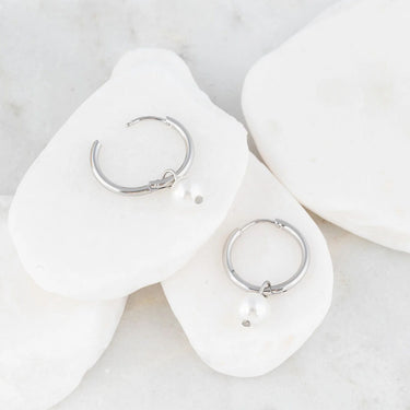 18K Gold PVD Stainless Steel Pearl Charm Huggie Hoop Earrings- silver studio 