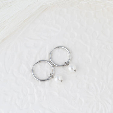 18K Gold PVD Stainless Steel Pearl Charm Huggie Hoop Earrings- silver studio 