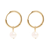 18K Gold PVD Stainless Steel Pearl Charm Huggie Hoop Earrings- gold main 