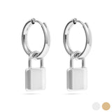 18K Gold PVD Stainless Steel Padlock Pendant Hoop Earrings- silver main 