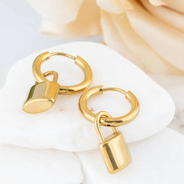 18K Gold PVD Stainless Steel Padlock Pendant Hoop Earrings-gold studio 