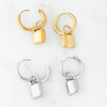 18K Gold PVD Stainless Steel Padlock Pendant Hoop Earrings- gold and silver studio 