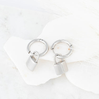 18K Gold PVD Stainless Steel Padlock Pendant Hoop Earrings- silver studio 