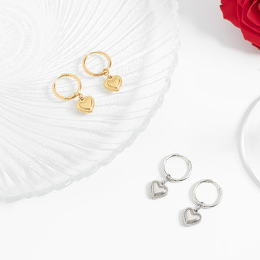 18K Gold PVD Stainless Steel Heart Pendant Hoop Earrings / ERJ0042