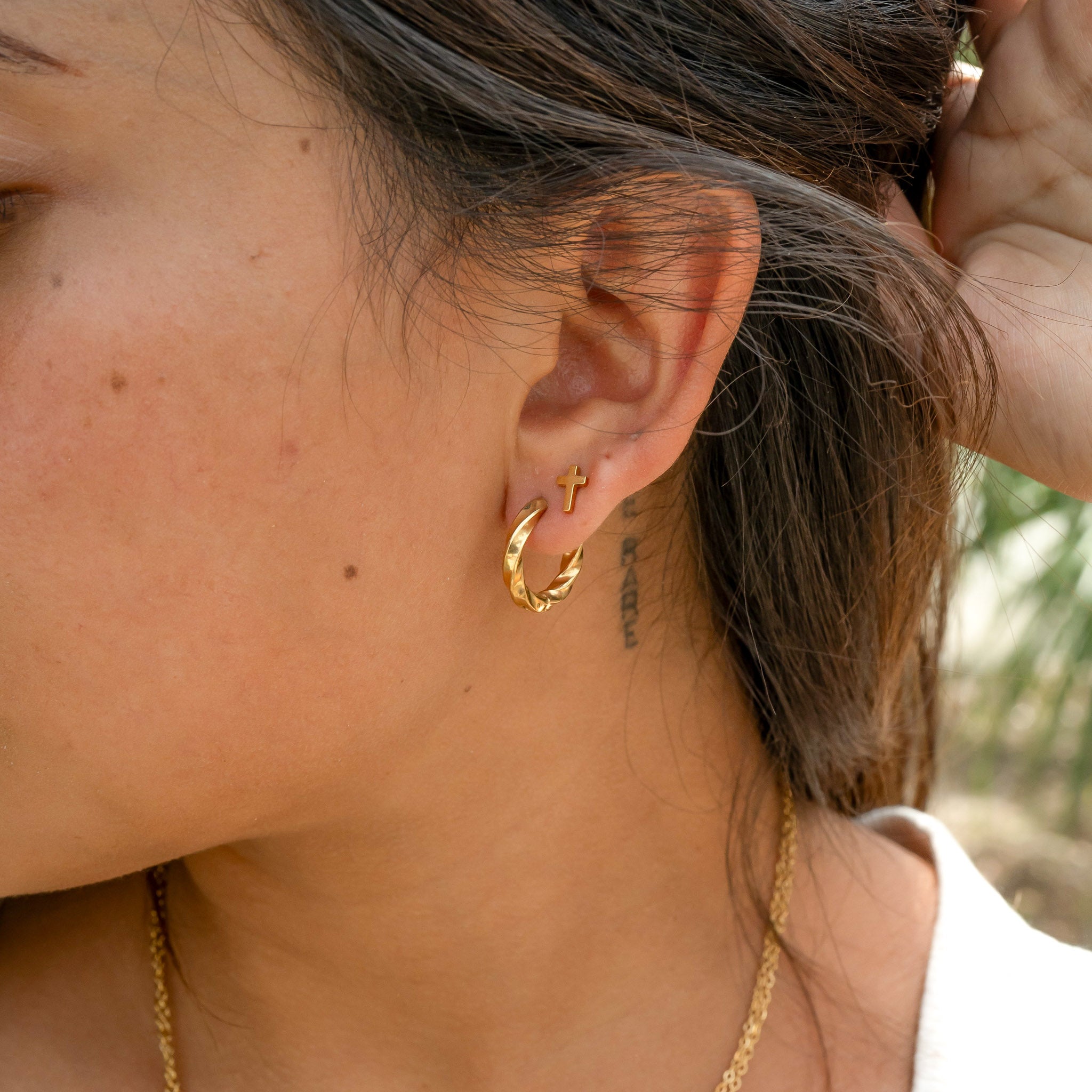 18K Gold PVD Stainless Steel Textured Twisted Huggie Hoop Earrings