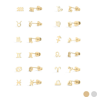 Set of gold zodiac symbol earrings on a white background