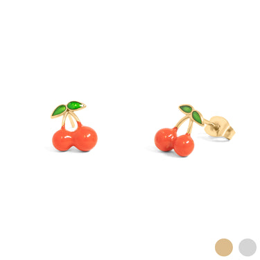 18K Gold PVD Stainless Steel Enamel Cherry Stud Earrings 