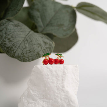 18K Gold PVD Stainless Steel Enamel Cherry Stud Earrings 