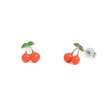 Stainless Steel Enamel Cherry Stud Earrings 