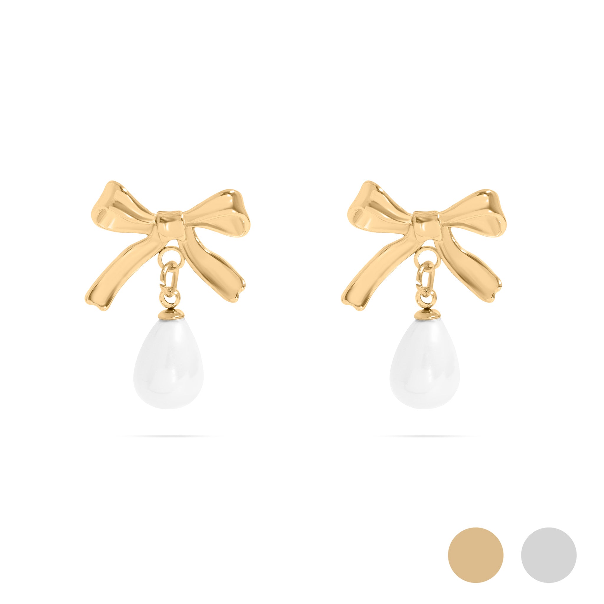 Gold Ribbon Bow Earrings with Freshwater Pearl
