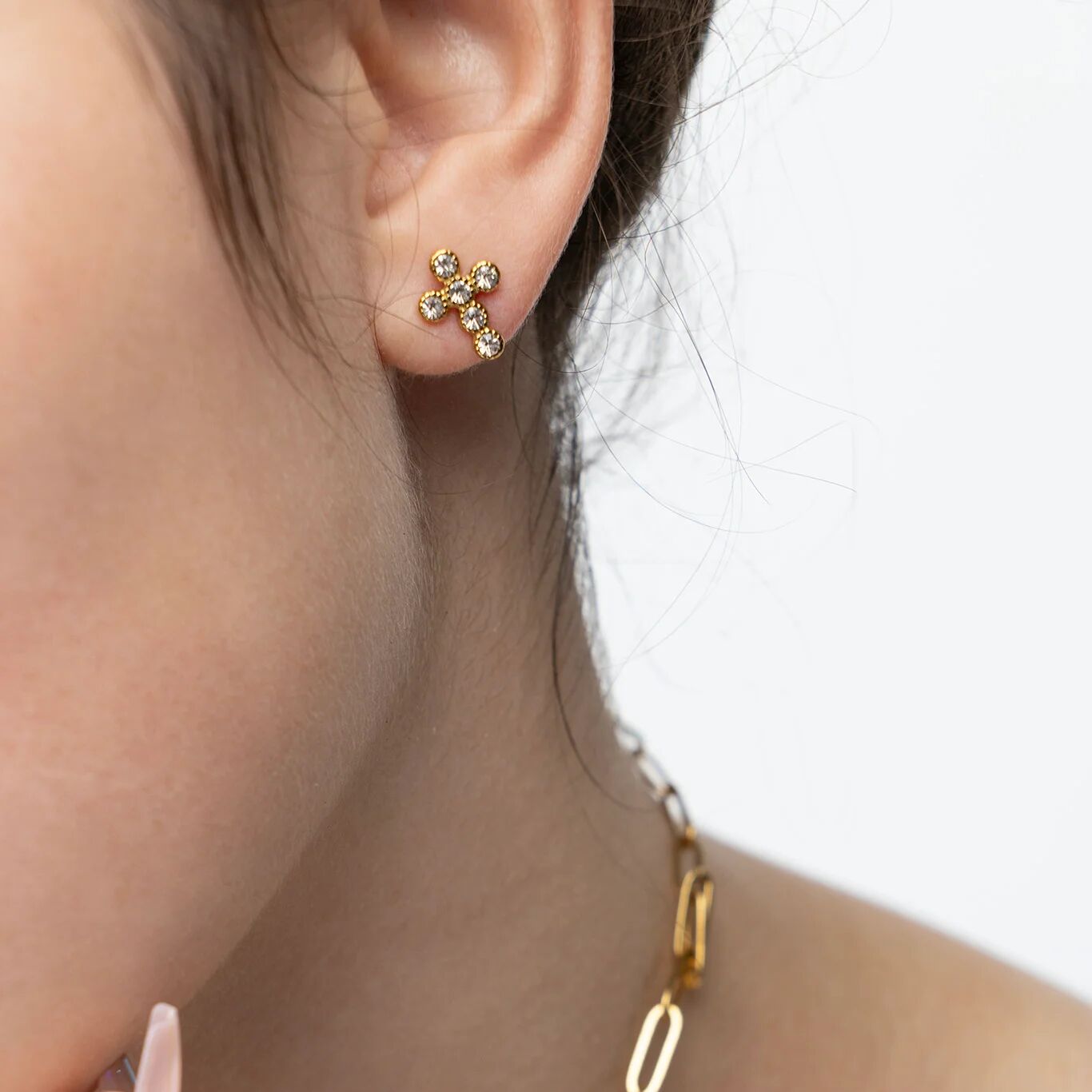 18K Gold PVD Stainless Steel Round Stone Cross Earrings / ERJ0091