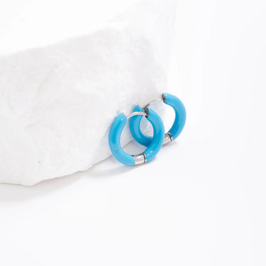 Silver Blue Epoxy Huggie Hoop Earrings