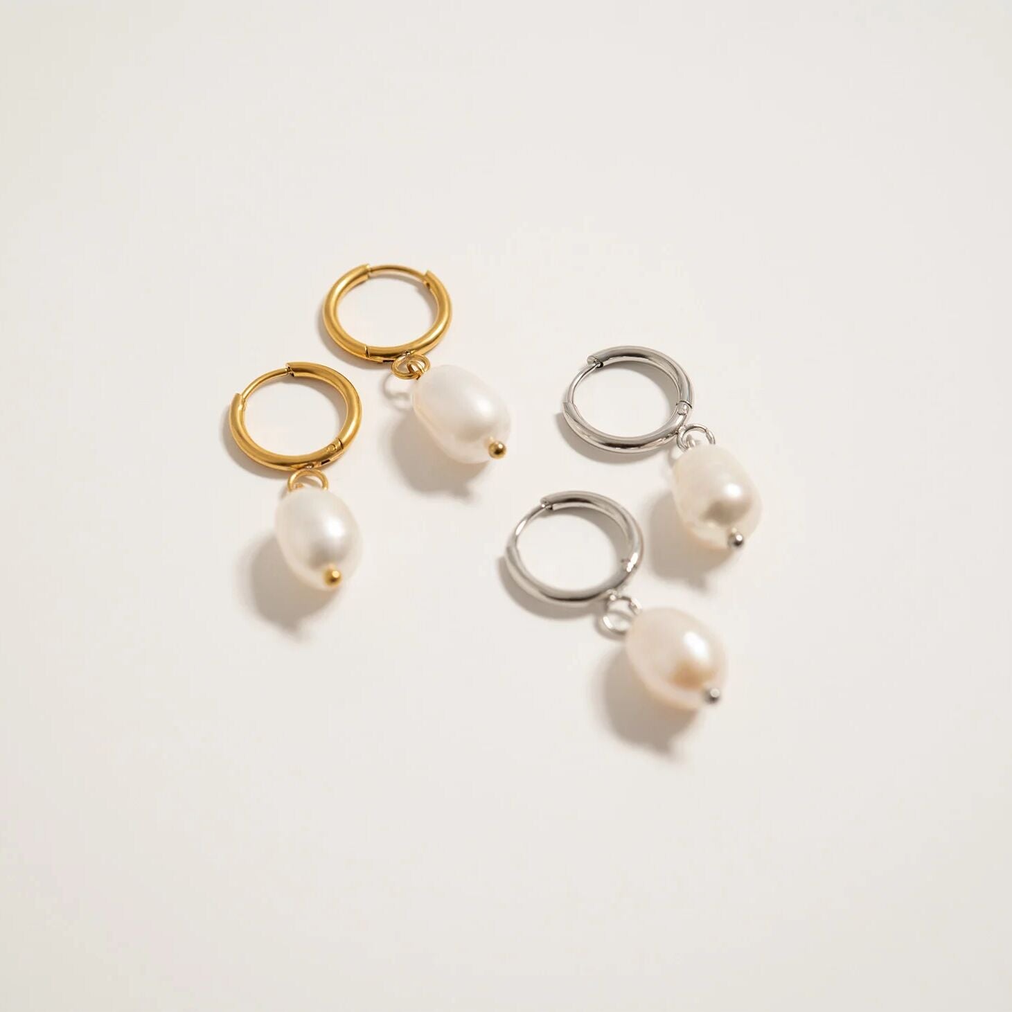 Gold & Silver Huggie Hoop with Freshwater Pearl Earring