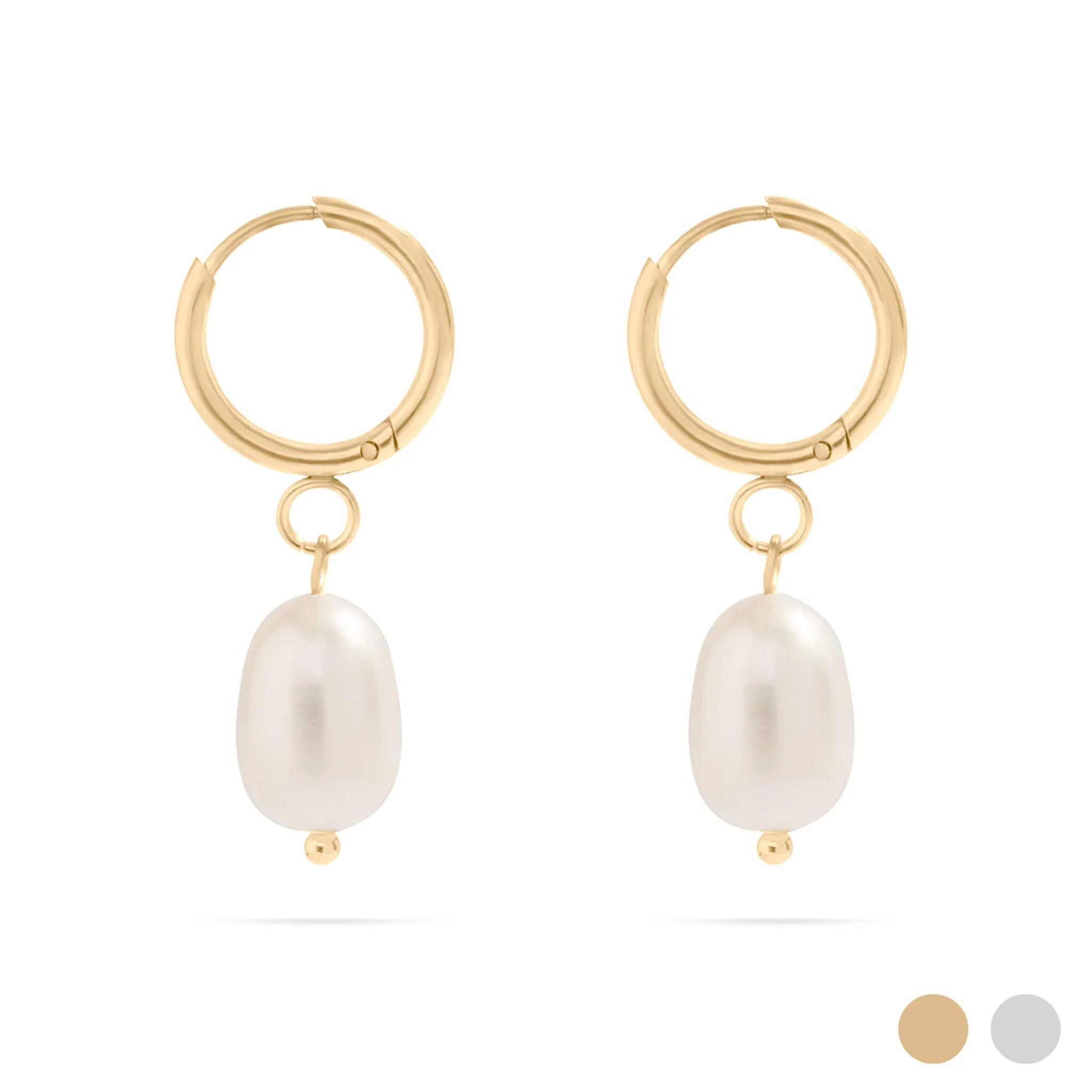 Gold Huggie Hoop with Freshwater Pearl Earring