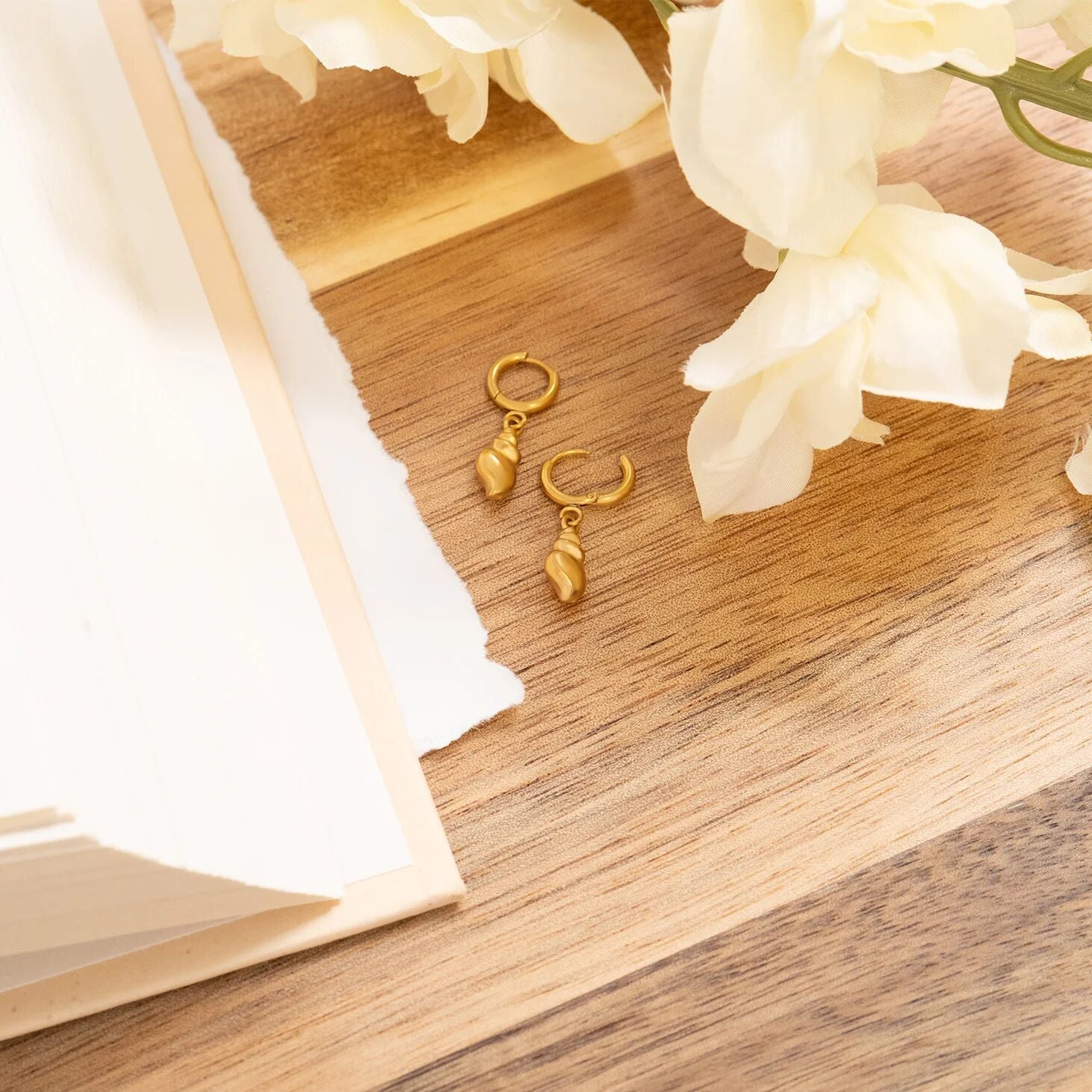 Gold Dangle Conch Shell Huggie Hoop Earring