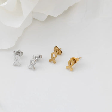 18K Gold PVD Stainless Steel Cancer Ribbon Stud Earring- stainless and gold studio 
