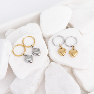 Mixed Metal Huggie with Hanging Heart Earring