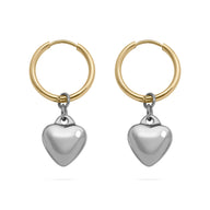 Mixed Metal Huggie with Hanging Heart Earring