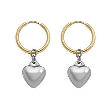 Mixed Metal Huggie with Hanging Heart Earring
