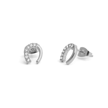 Silver hoop earrings with embedded stones on a white background