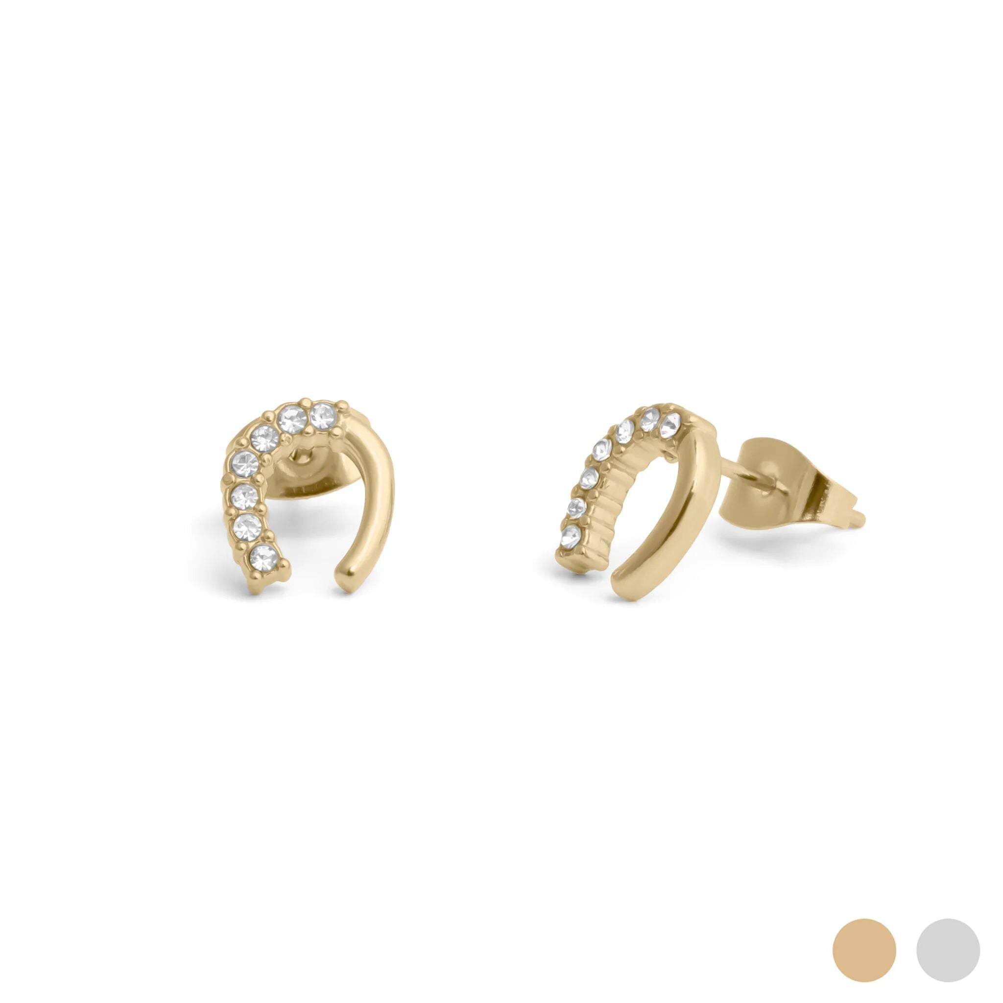 Gold horseshoe earrings with small stones on a white background