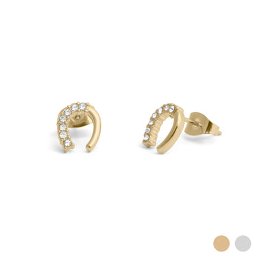 Gold horseshoe earrings with small stones on a white background