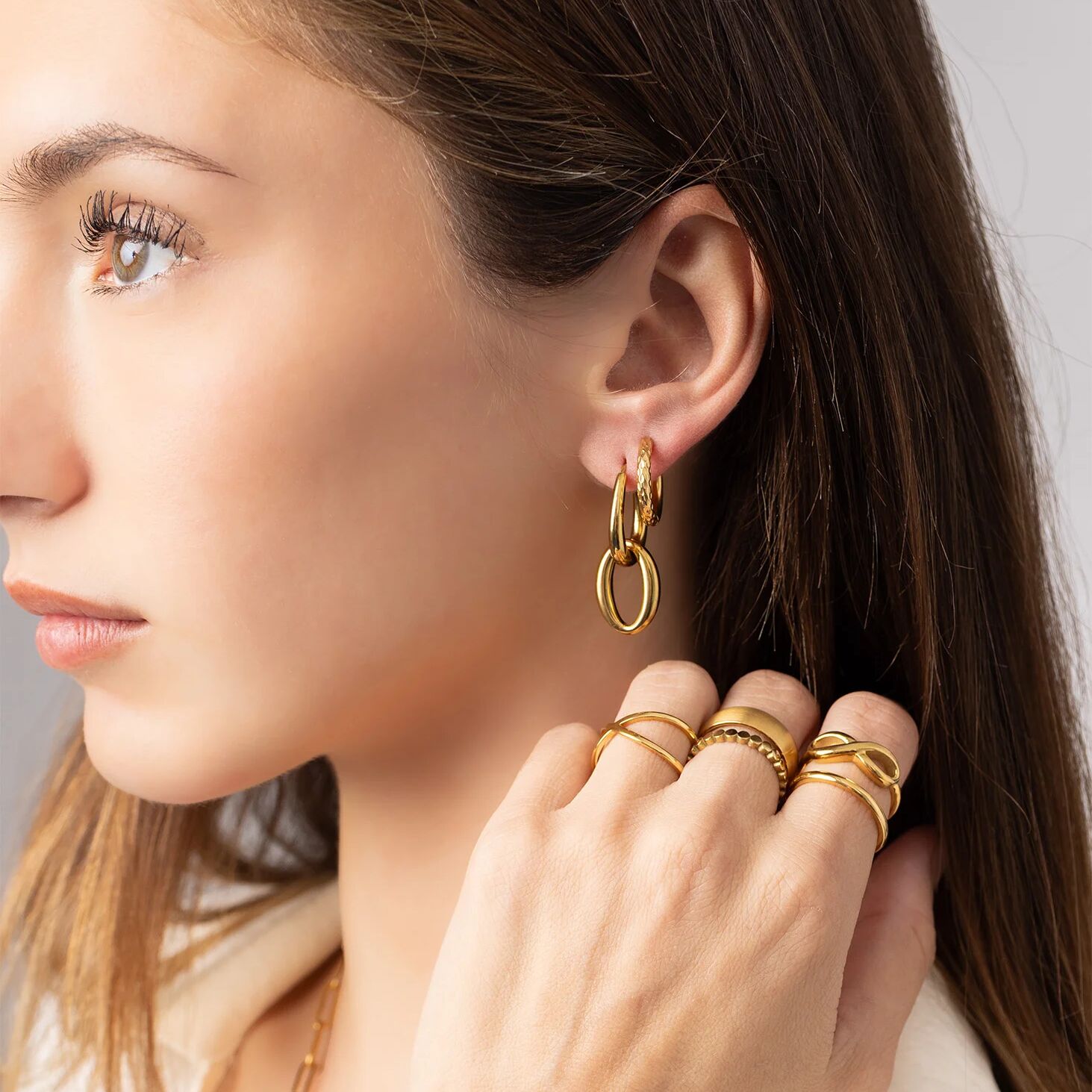 18K Gold PVD Stainless Steel Double Hoop Dangle Earrings / ERJ0115