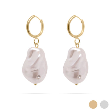 Pair of gold hoop earrings with pearl teardrop-shaped charms on a white background.