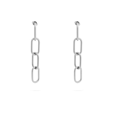 Pair of silver chain link earrings on a white background