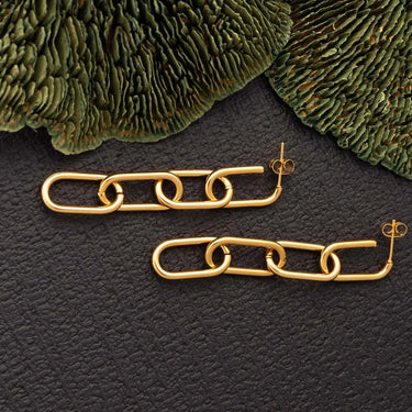 Gold chain earrings on a textured black surface with green foliage in the background