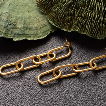 Gold chain earrings on a textured dark surface with green leaves in the background