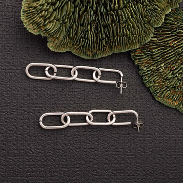 Two silver chain earrings on a dark textured surface with green foliage in the background.