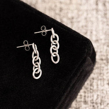 Pair of silver chain link earrings on a black surface.