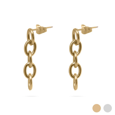 Gold chain link earrings on a white background