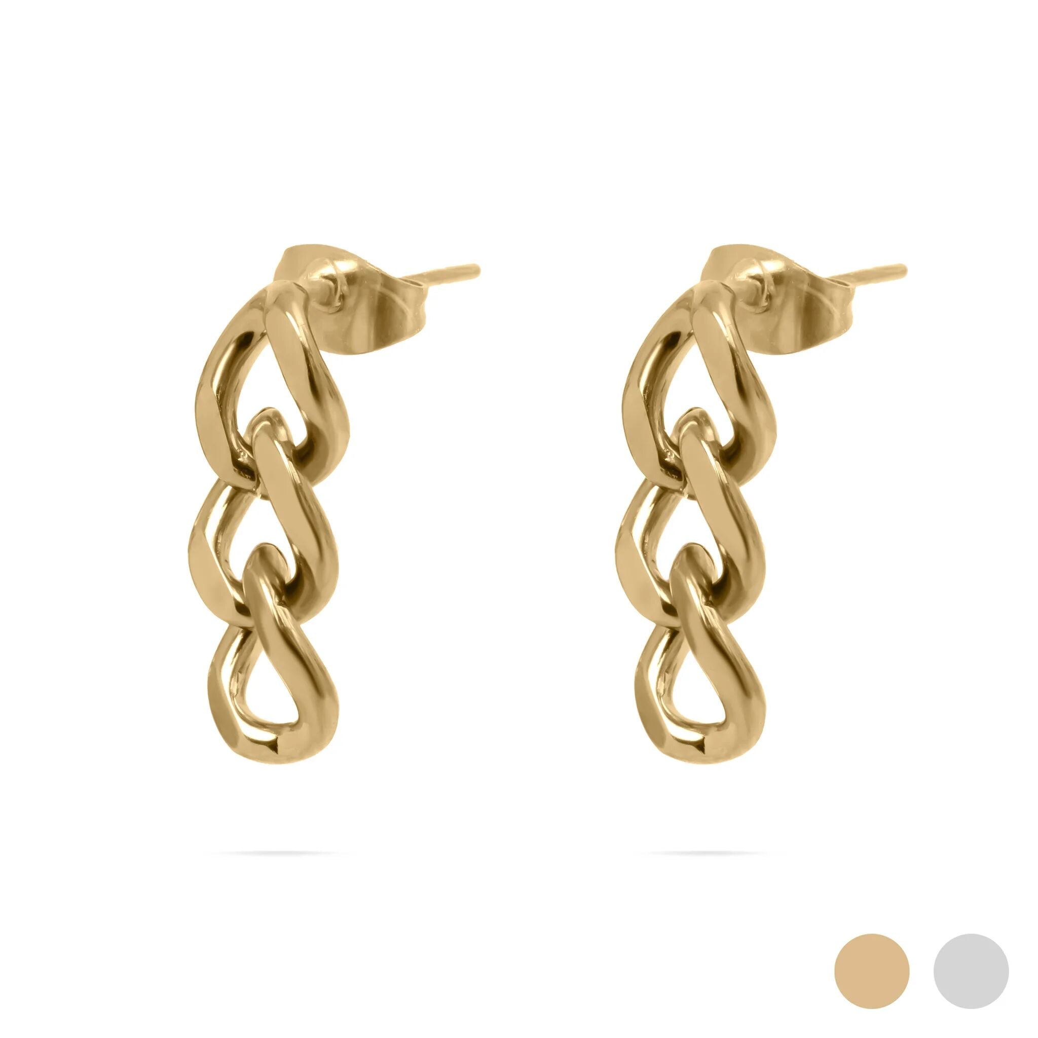 Gold chain-style earrings on a white background