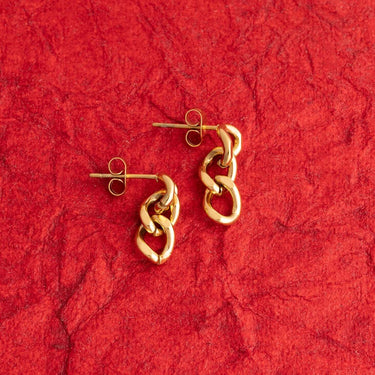 Gold chain earrings on a red textured background