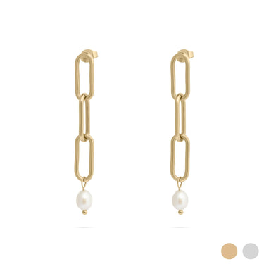 Gold chain earrings with pearl drops on a white background