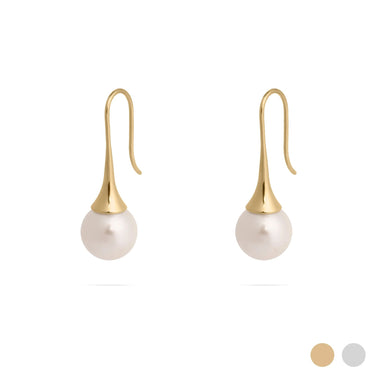 Pair of pearl earrings with gold hooks on a white background