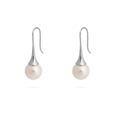 Pair of pearl earrings with silver hooks on a white background